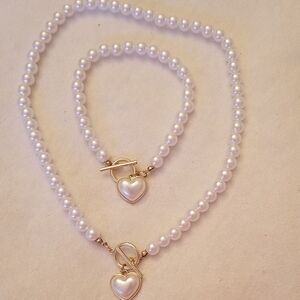 Pearl Necklace and Bracelet Set with Heart Charms